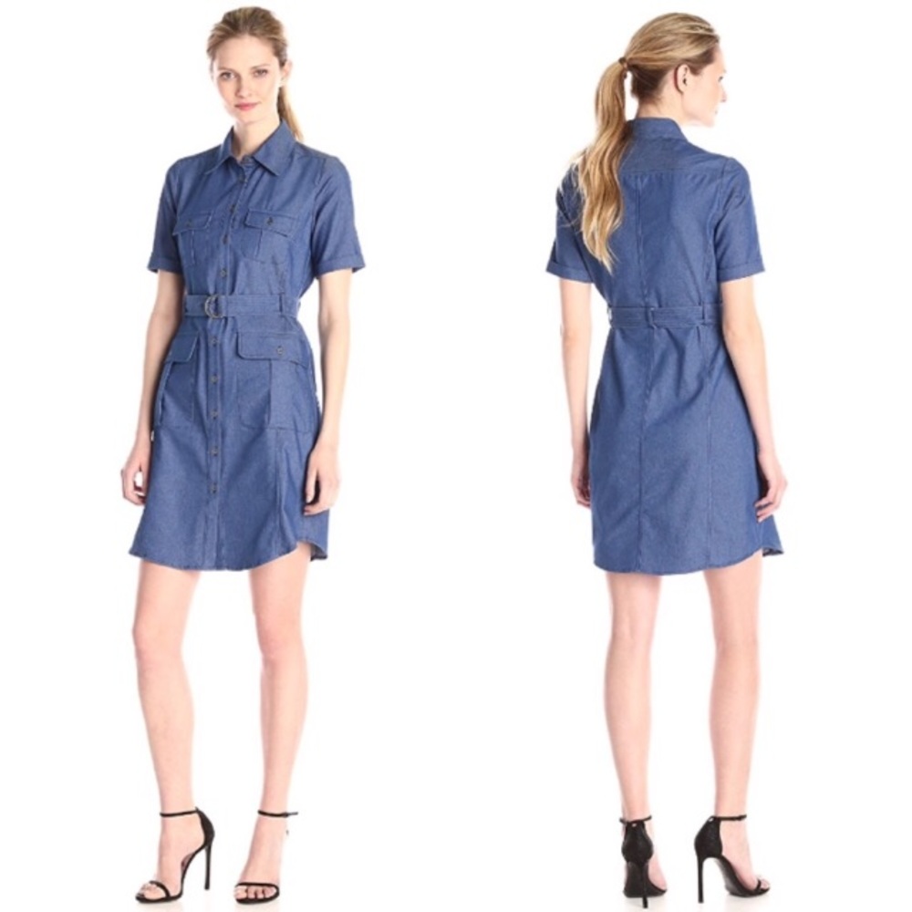 Chambray Denim Safari Dress w Pockets and Belt - Picture 2 of 2